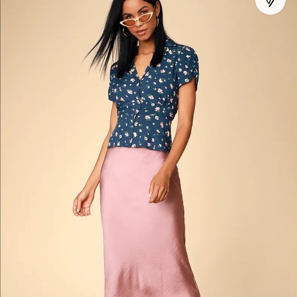 Lulus Navy Blue floral print top button-up top - Picture 2 of 4